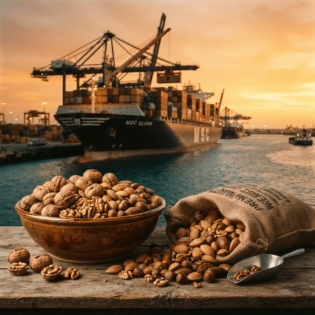 Cargo ship at a port at sunset with bowls of premium nuts in the foreground