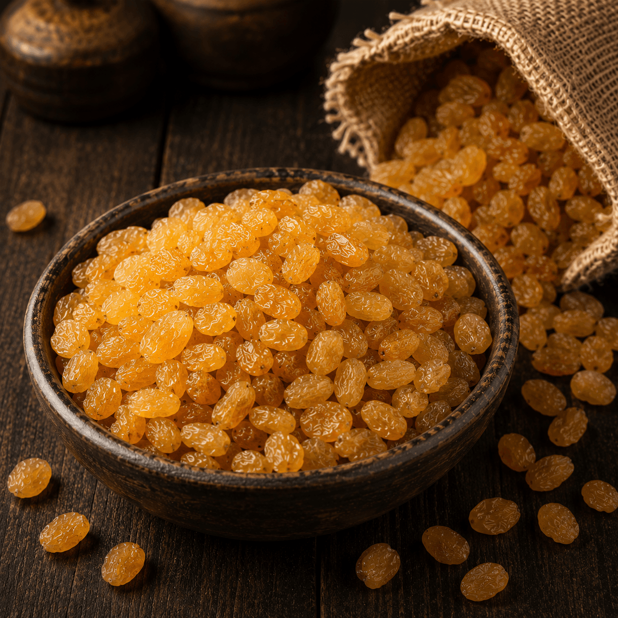 Iranian yellow raisins shown loose.
